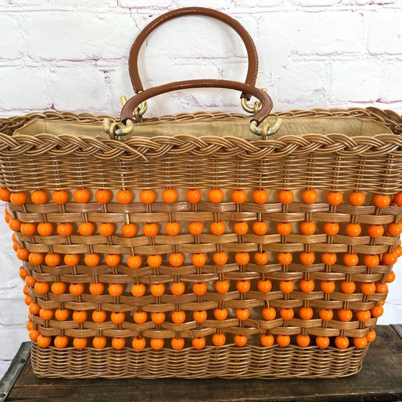 60's Straw & Beaded Tote Bag/Purse - Leather Handle - Boho - Mod - Coated Straw - Picture 2 of 9